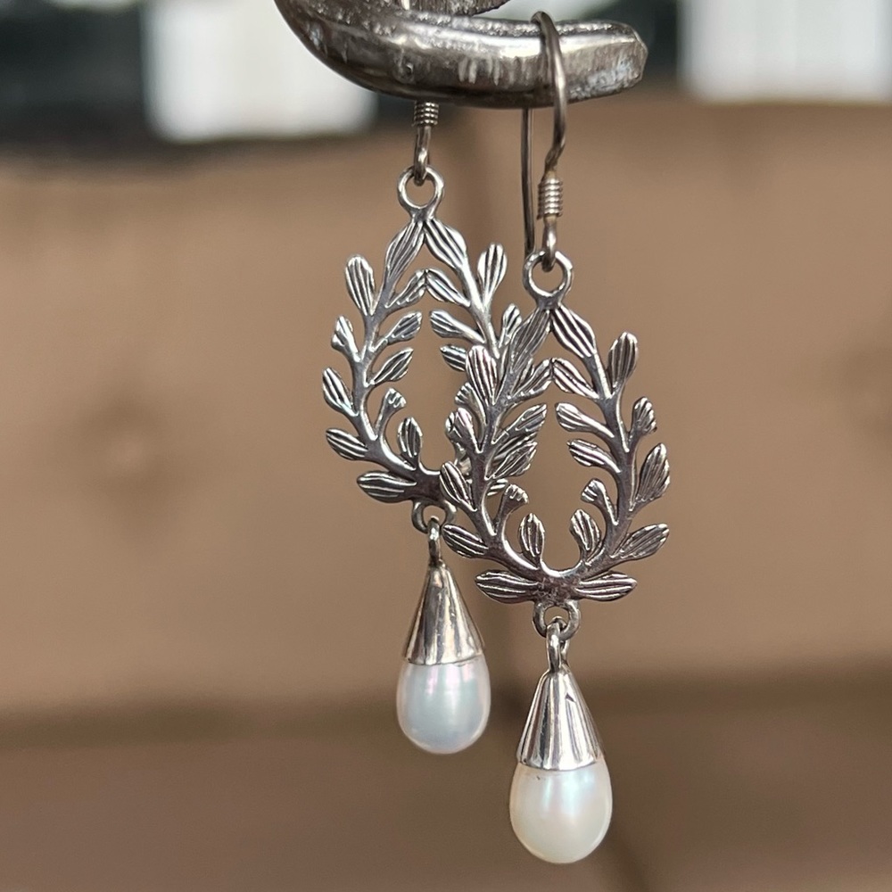 Freshwater Pearl Engraved Vine Sterling Silver Drop Earring
